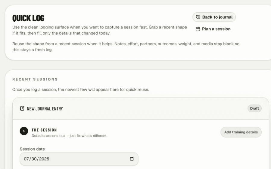 Focused training-session log with session details and technique fields